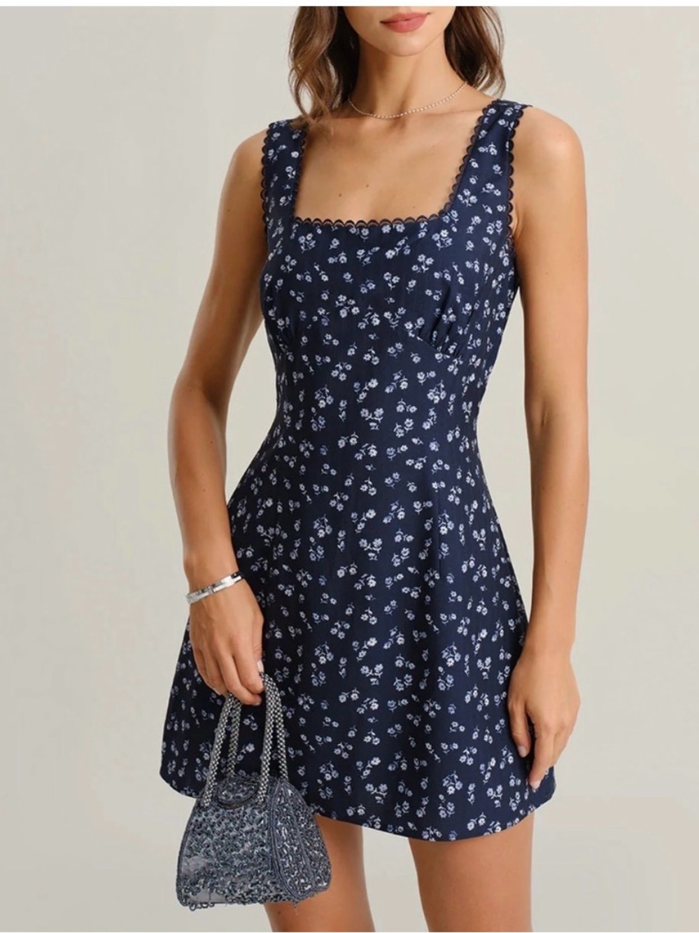 RIHOAS Navy Floral Mini Dress with Scalloped Straps